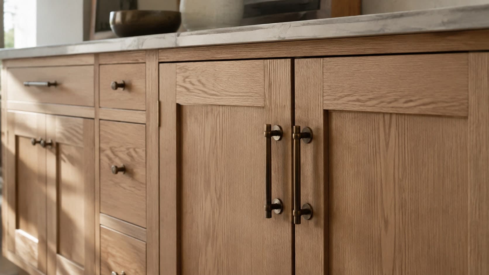 Illustrative oak cabinet finish and bronze hardware