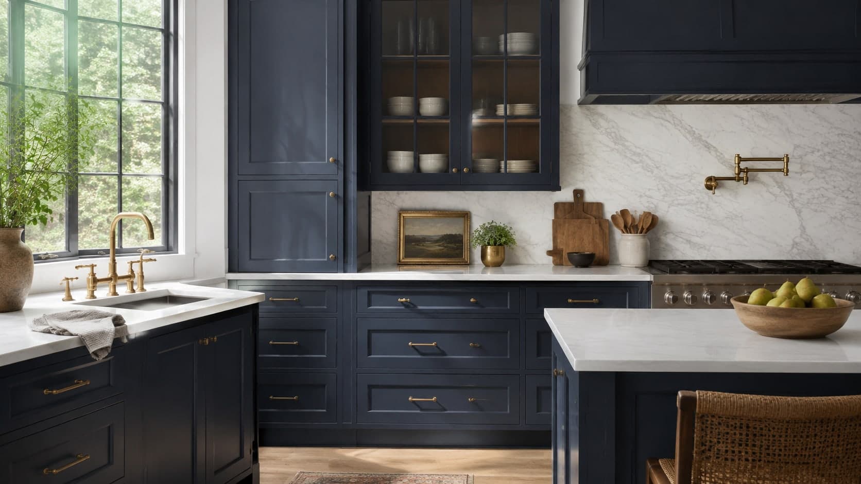 Illustrative navy kitchen cabinets with brass handles