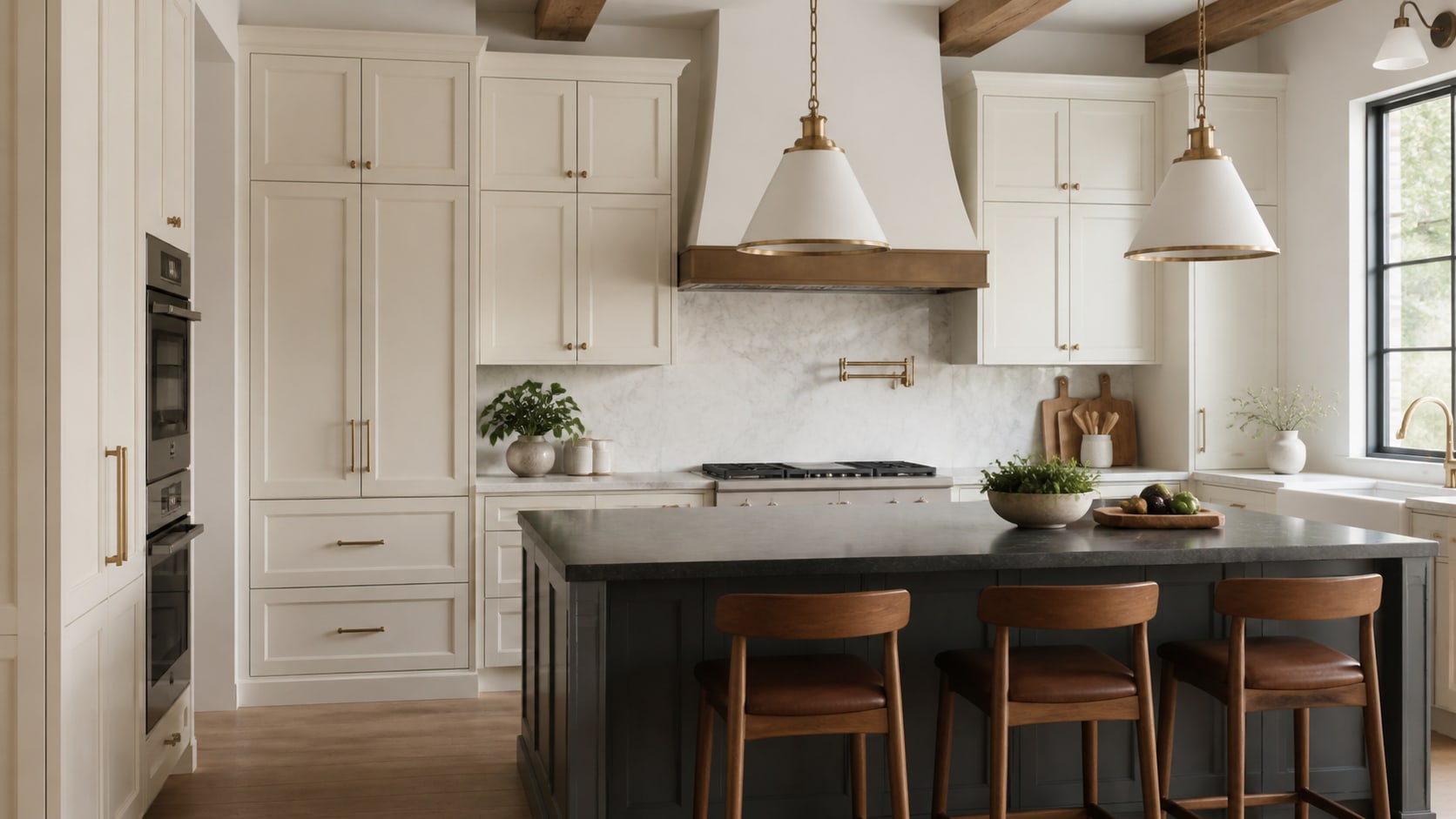 Illustrative ivory kitchen cabinets surrounding a charcoal island with bronze hardware